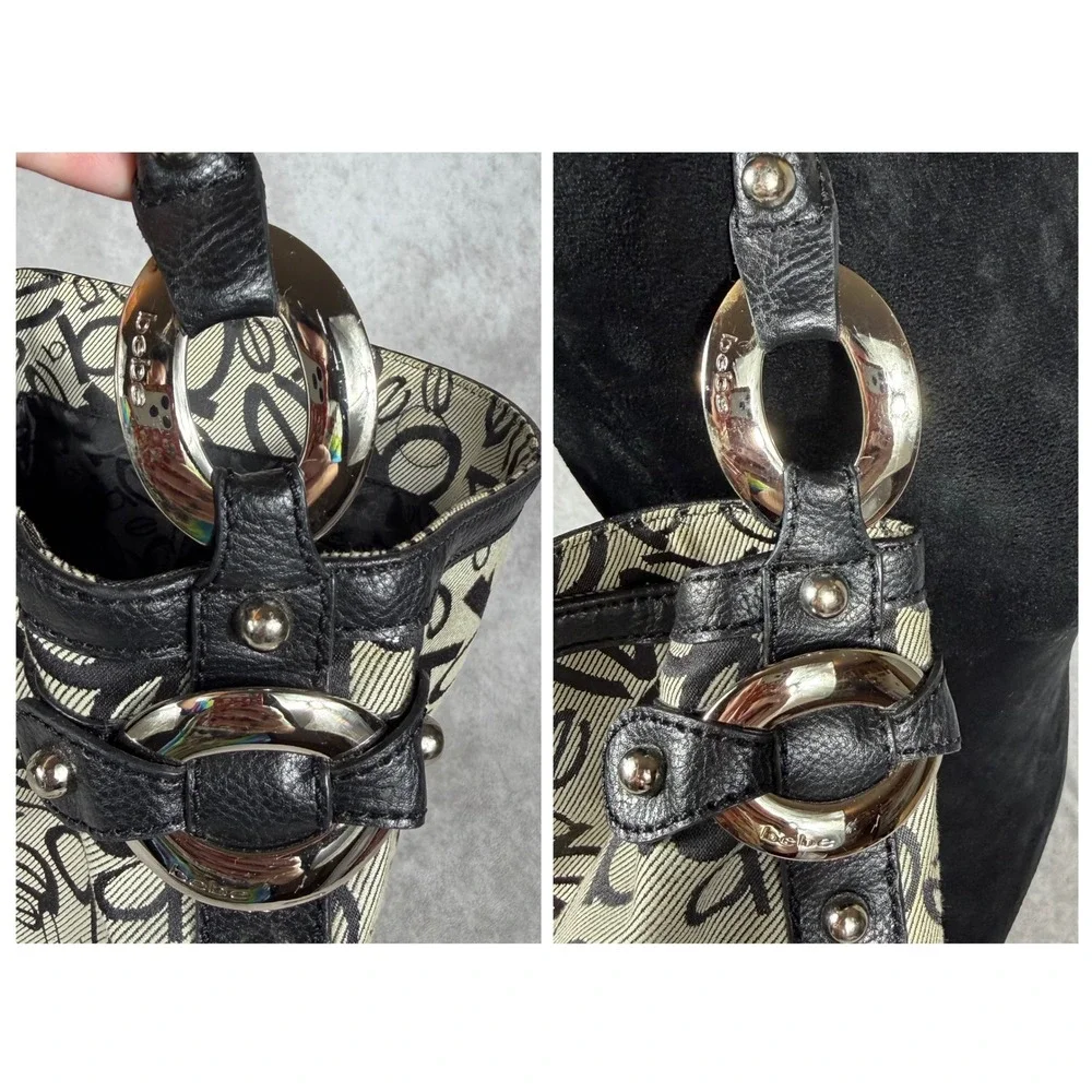 Vtg Bebe Monogram Logo Canvas Hobo Shoulder Bag Black Silver Y2K Slouchy Purse